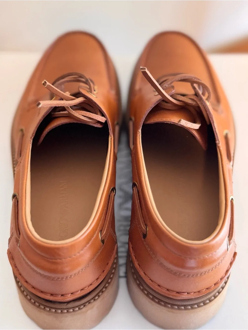 Emporio Armani Lug Sole Leather Boat Shoes Biscotto Tan Men's US 9 / UK 8 NIB